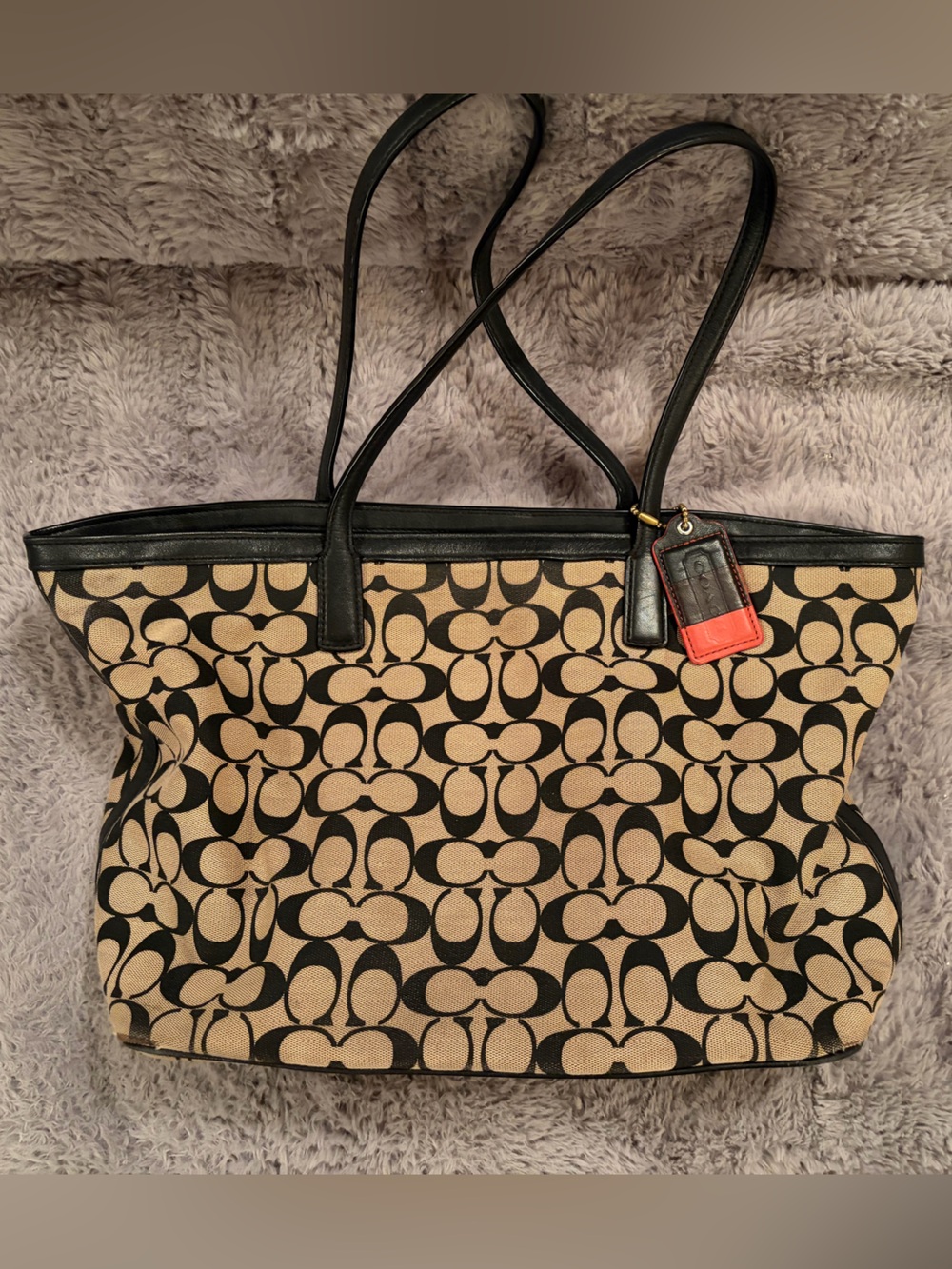 Coach Beige Signature Canvas Tote with Black Trim